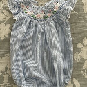 Blue Striped Baby Romper with Embroidery